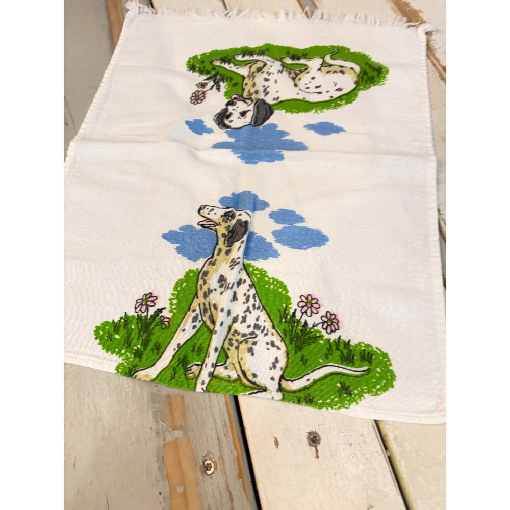Vintage Dalmatian Dog Linen Tea Towel White Fringe Kitchen Hand Towel Retro - Picture 7 of 8